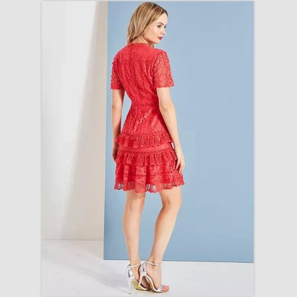 French Connection Red Lace Ruffled Layered Arta Tiered Sleeve Women Dress Size 8 - Picture 2 of 5